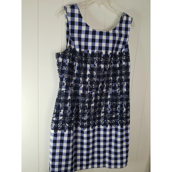 Tahari Arthur Levine Dress Womens Size 14 Petite Blue White Floral Checkered - Picture 2 of 9